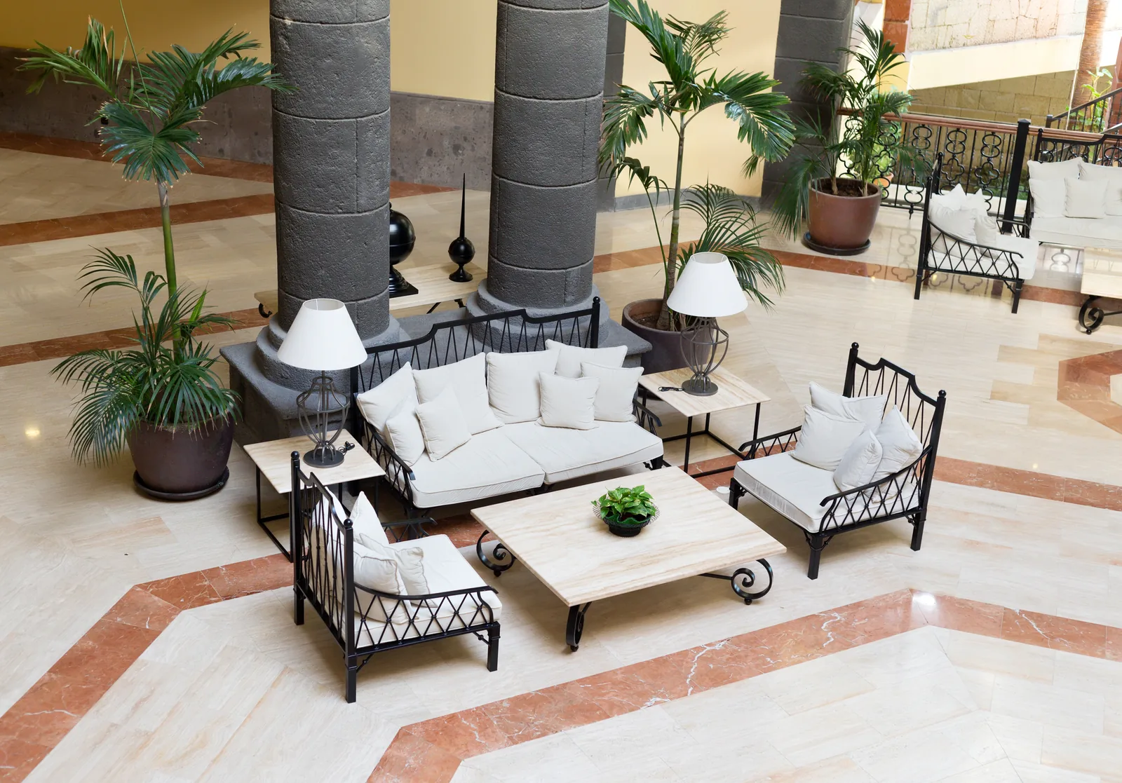 Representative upscale hotel lounge with sofas